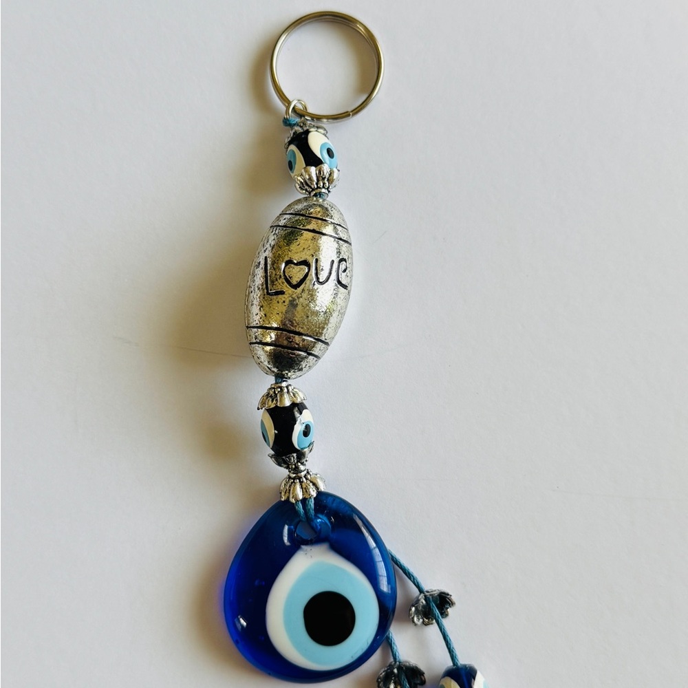 Blue Evil Eye Keychain with Love Bead